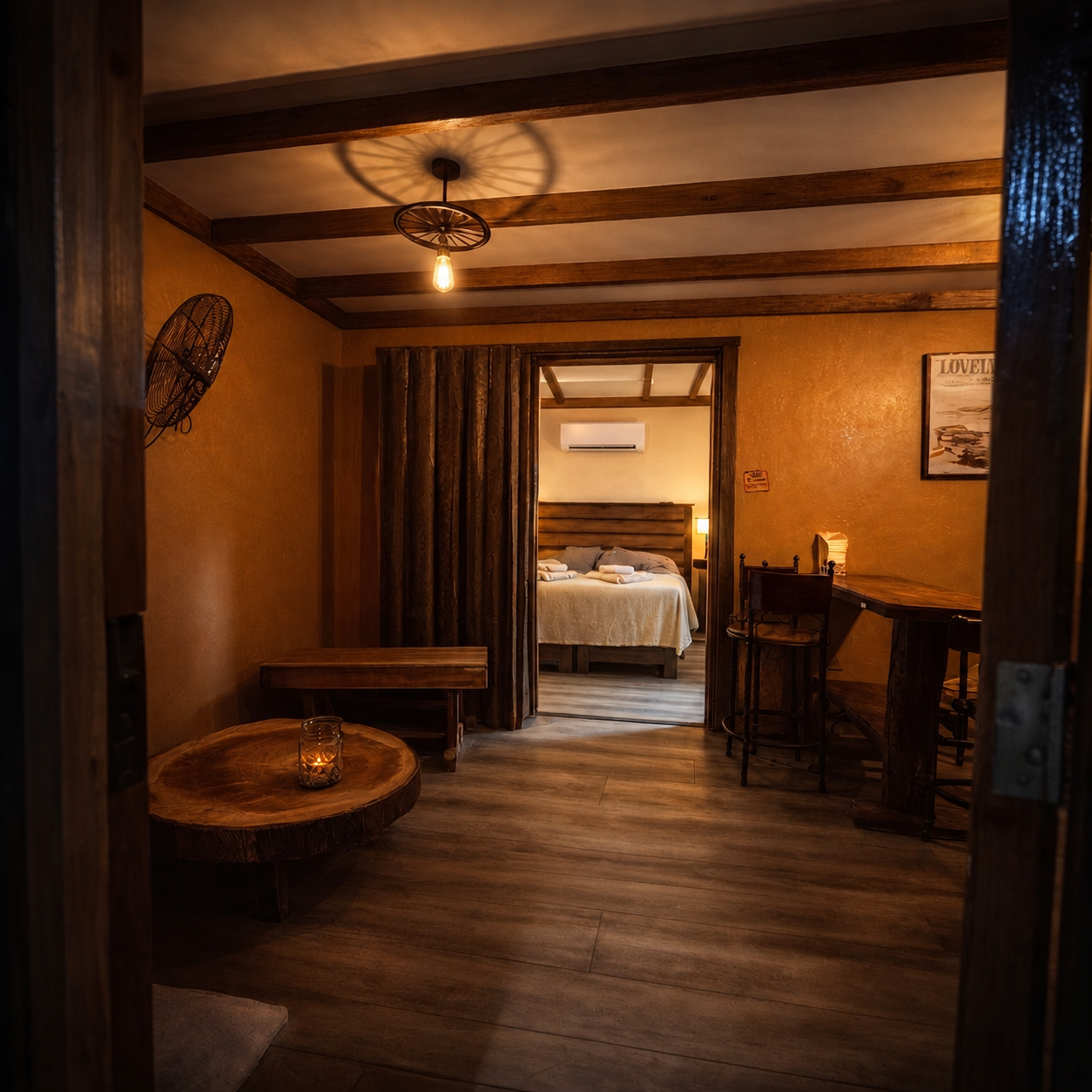 Rustic living area and bedroom with air conditioning