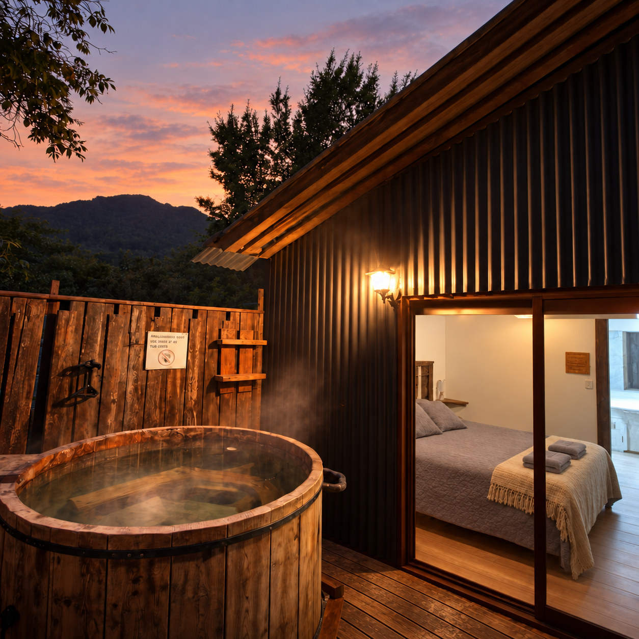 Tinaja privada de madera junto al dormitorio de la cabaña Rustic al anochecer